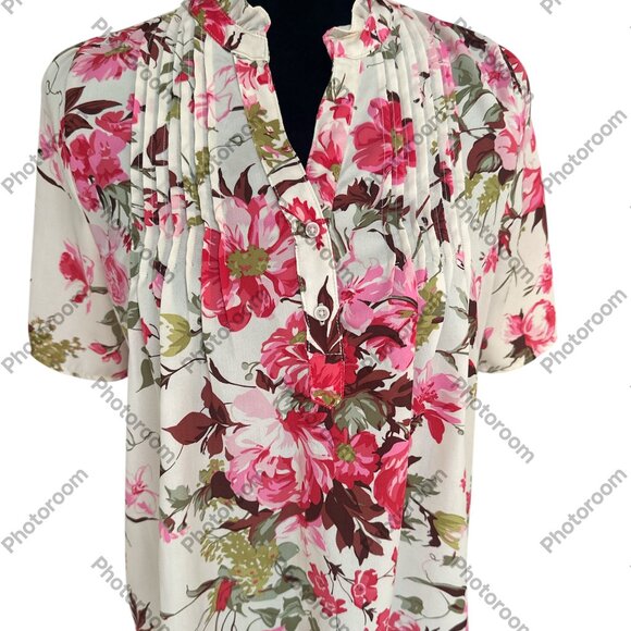 Tahari Small Pink Floral Short Sleeve Ruffle Neck Blouse - Picture 1 of 6
